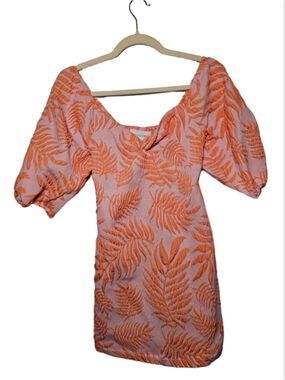 Self Contrast Anthro Jayden Mini Dress Orange Pink Tropical Puff Sleeve XS NWT